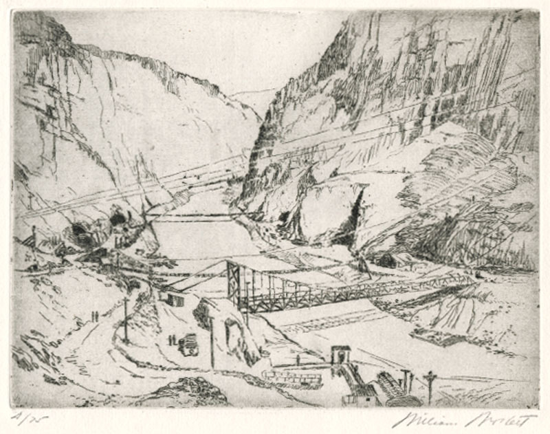 Hoover Dam Project: General View, Lower Portals (a.k.a. Four Diversion Tunnels and Two Bridges) by William Woollett