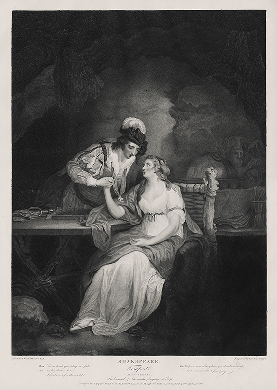 Tempest, Act V, Scene I: Ferdinand and Miranda Playing at Chess - from the Boydell Shakespeare Gallery folio, as engraved by Caroline Watson, after the painting by F. Wheatley. by J. & J. Boydell Publishers