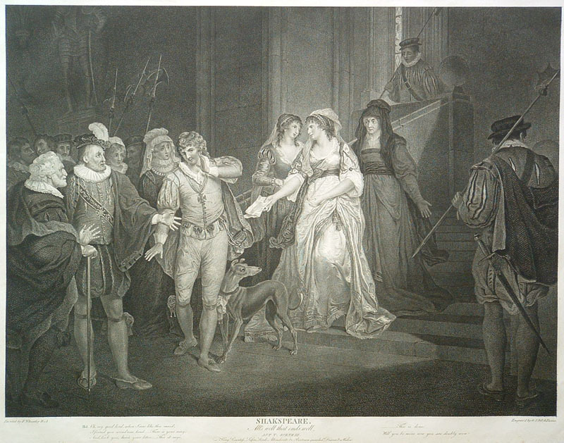 Shakespeare Gallery folio,  Alls Well That Ends Well, Act V, Scene III.  As engraved by G.S. and J. G. Facius, after the painting by Francis Wheatley by J. & J. Boydell Publishers