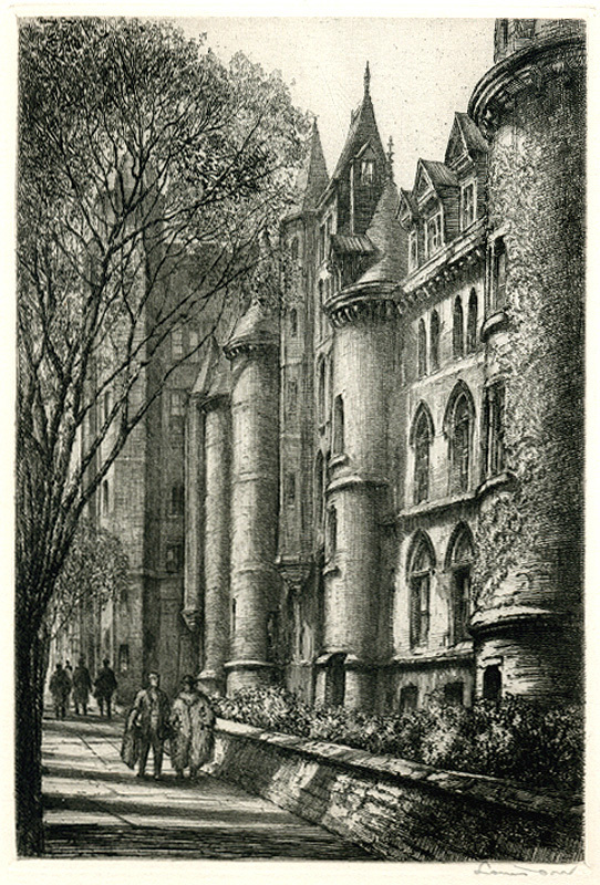 Yale University, Farnham and Lawrence Halls, College St., New Haven, CT (from: Ten Etchings of Yale University) by Louis Orr