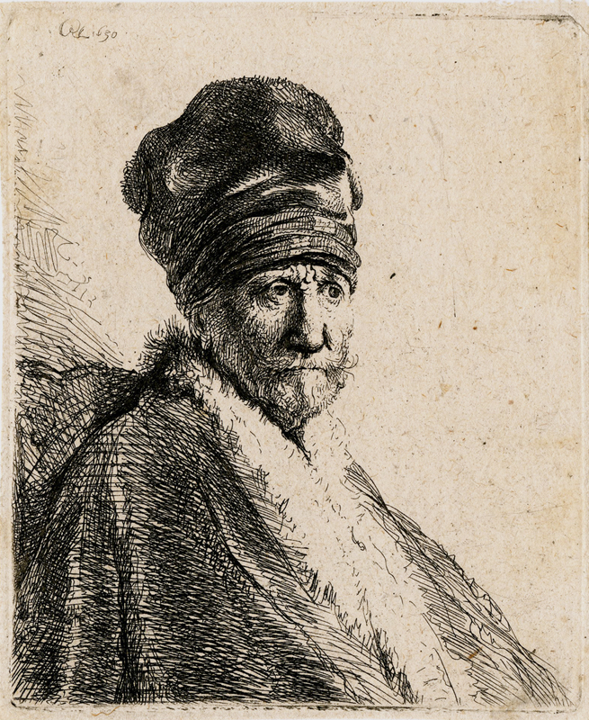 Bust of a Man Wearing a High Cap, Three Quarters Right (The Artists Father?) by Rembrandt van Rijn