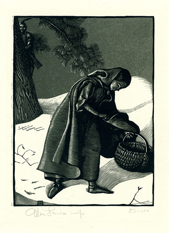 There was no sound except her footfalls in the snow illustration for Calico Bush by Allen Lewis
