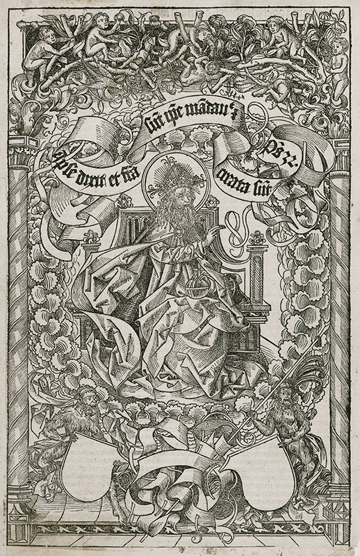 God the Father Enthroned. Frontispiece from Liber Chronicarum; Latin text, verso. by Michael Wolgemut