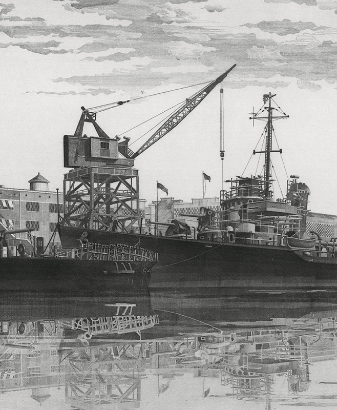 Destroyers in Wet Basin at Federal Shipbuilding & Drydock Company, South Kearny, N.J. / U.S.S. Radford, Quick, Mervine - 1942 by John Taylor Arms