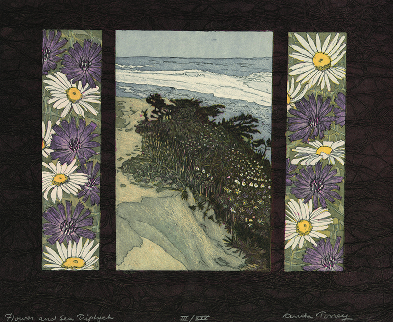 Flower and Sea Triptych - from the Voices and Visions Fort Mason Printmakers portfolio by Anita Toney