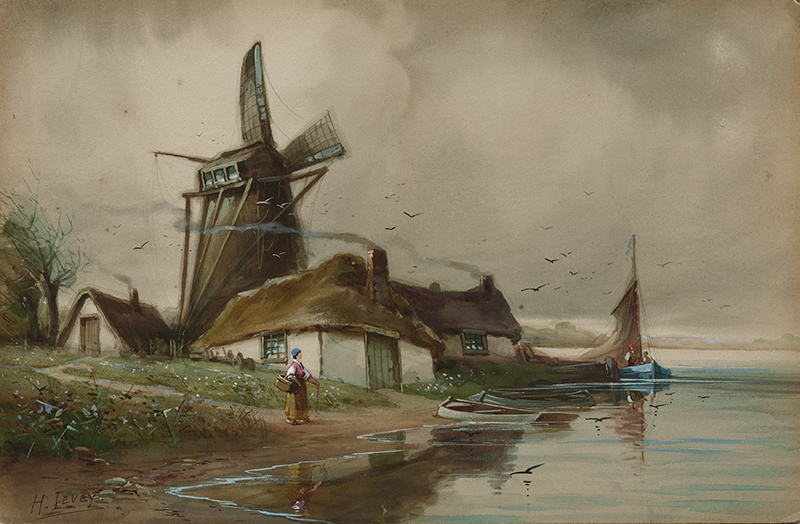 (Dutch cottages on riverbank) by H. Levey