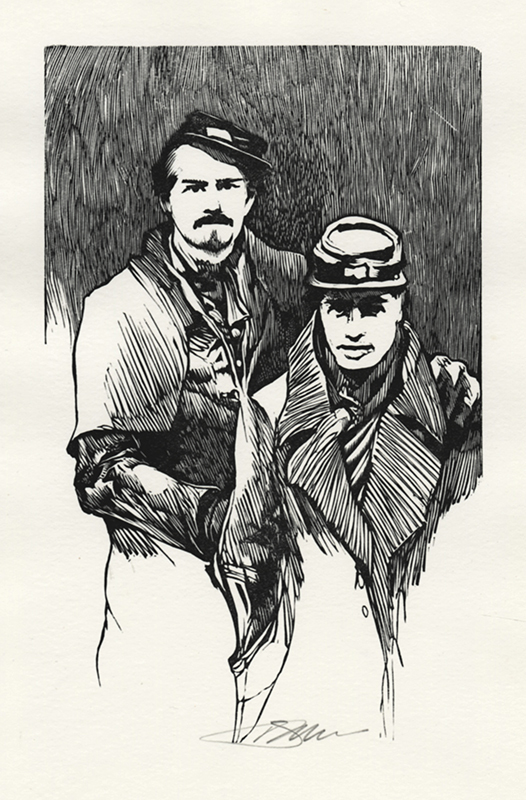 Two Soldiers - from John Browns Body suite of 11 woodengravings by Barry Moser