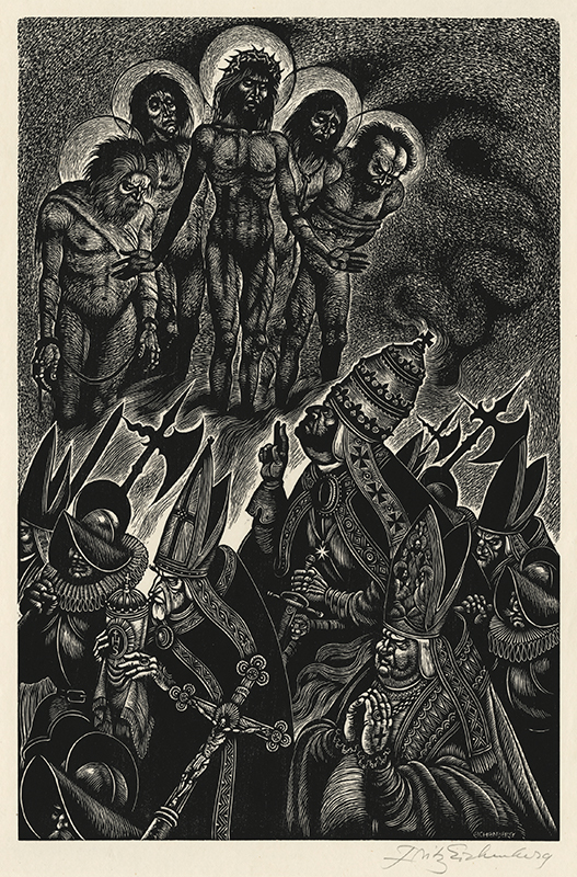 The Follies of the Popes (from: In Praise of Folly Portfolio of 10 woodcuts) by Fritz Eichenberg