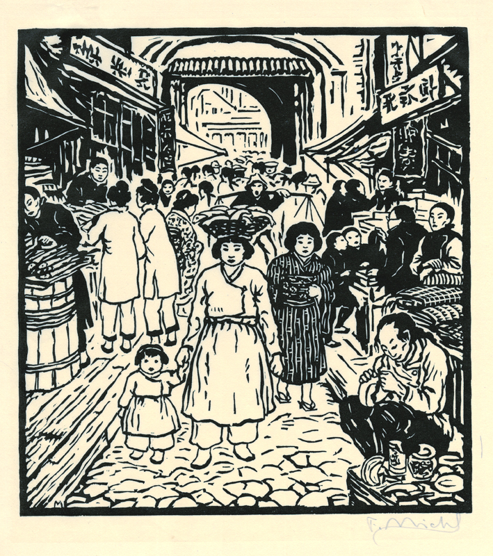 (Asian street market) from a portfolio of woodcuts of China and Japan by Ferdinand Michl