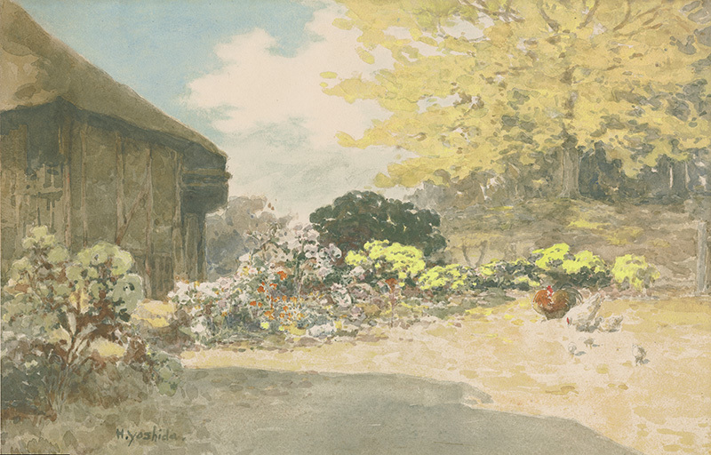 (Japanese pastoral with garden and chickens) by Hiroshi Yoshida