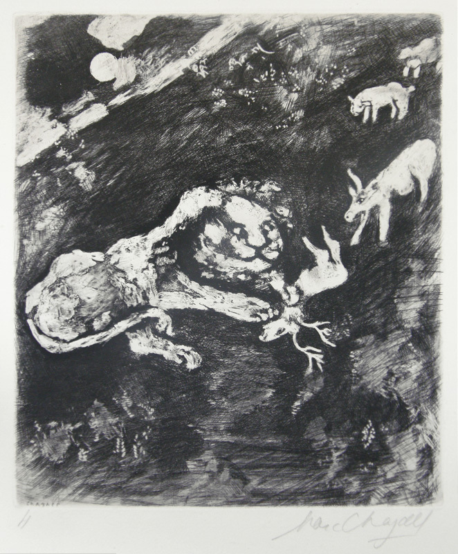 The Heifer, the Goat, and the Sheep, in Company with the Lion - Plate 4 from Les Fables de la Fontaine by Marc Chagall