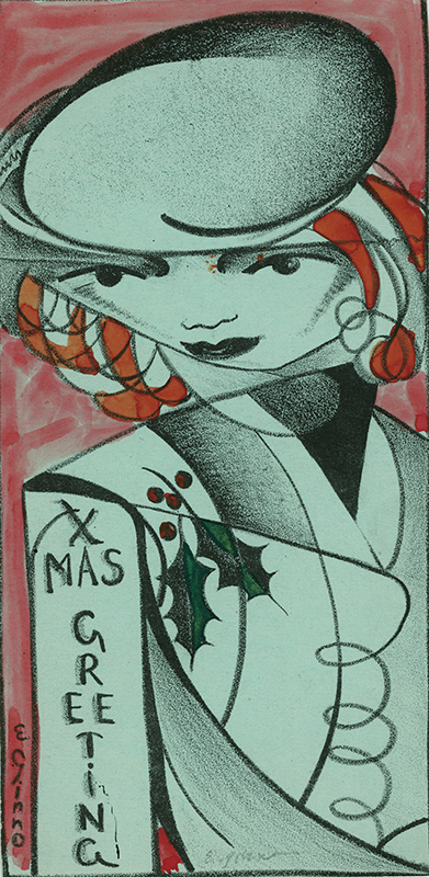 (woman in designer suit and hat) design for holiday greeting card by Elizabeth de Gebele Ginno
