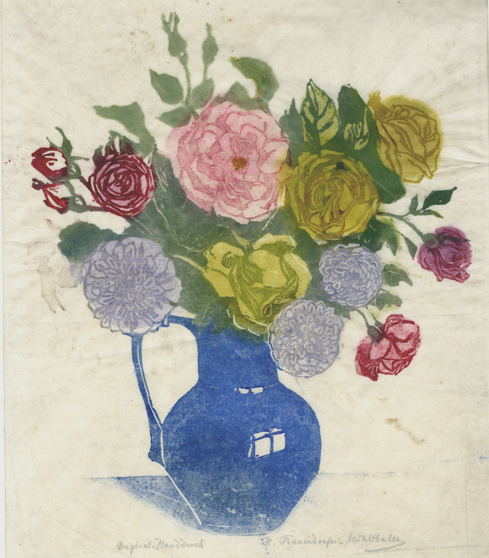 (Dahlias and Roses in Blue Pitcher) by Helene von Frauendorfer-Muhlthaler
