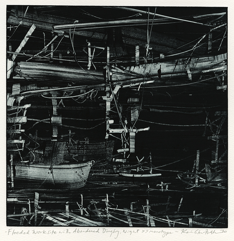 Flooded Worksite with Abandoned Dinghy, Night by Kevin Fletcher
