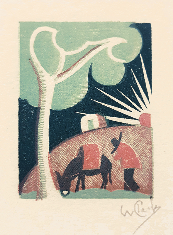 (Santa Fe landscape with man and burro) by Willard F. Clark