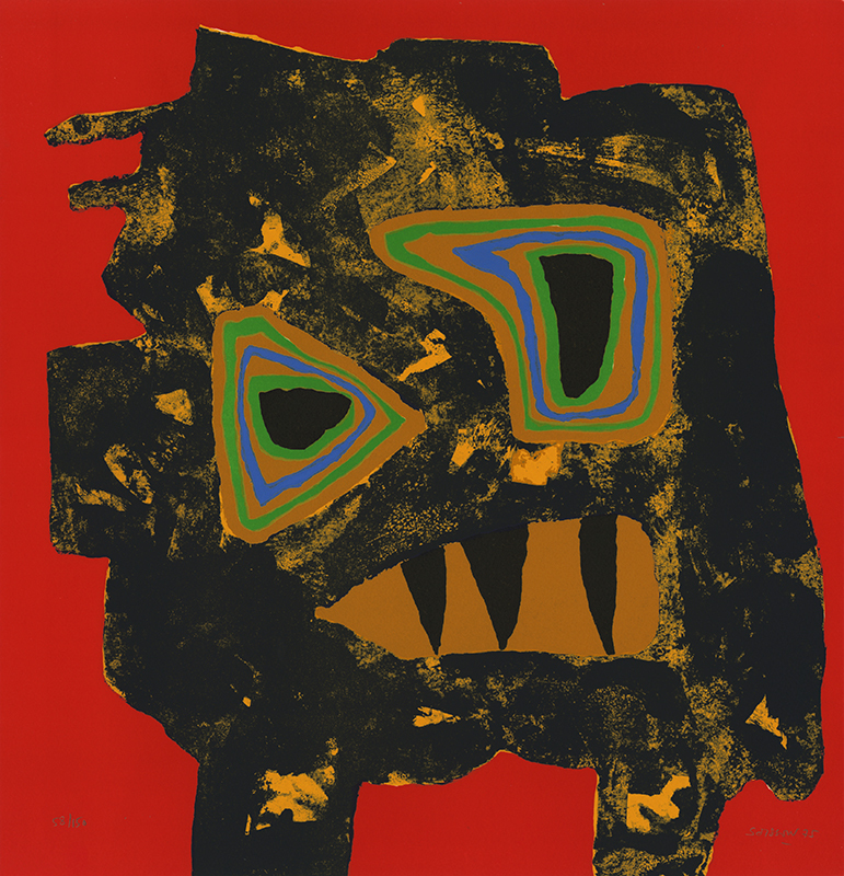 Bete (Abstract toothy animal in multiple colors against red) by Jacques Soisson