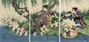 (Mothers with children fishing in a river - triptych) by Keisai Eisen