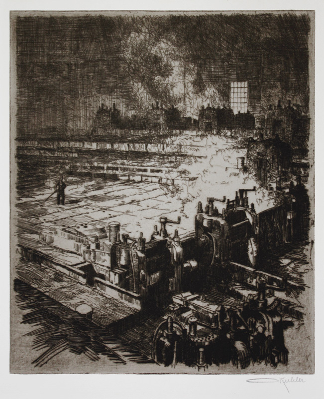 (Steel Mill: cross country rolling mill stands, rolling a bloom; 4 reheat furnaces in background) by Otto August Kuhler