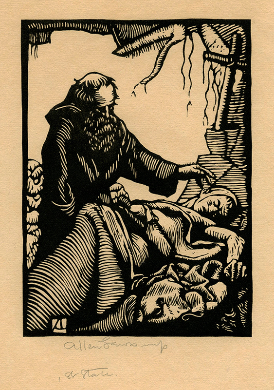 illustration for The Half Breed and Other Stories by Walt Whitman (monk and sleeping figure) by Allen Lewis