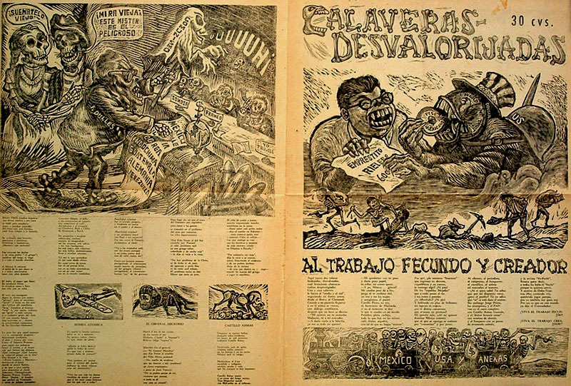 Calaveras Desvalorijadas / Al Trabajo Fecundo y Creador  (recto) by Taller de Grafica Popular