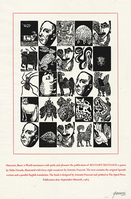 Bestiary/Bestiario (poster for the book by Pablo Neruda) by Antonio Frasconi