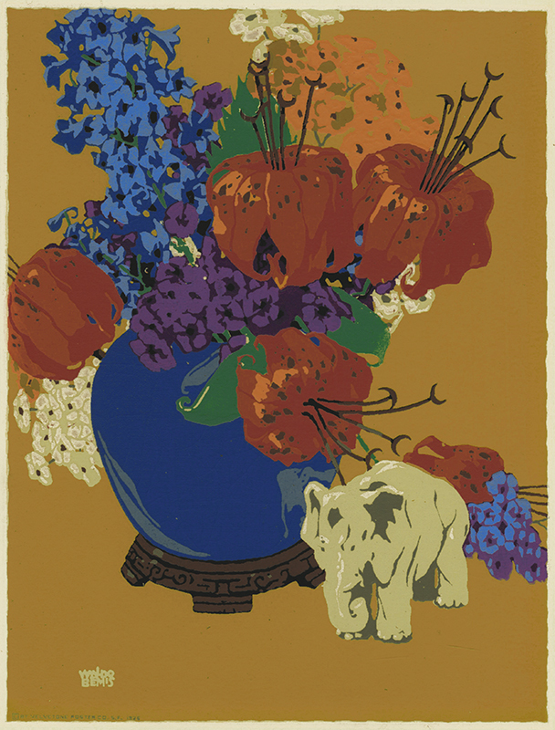 (still life with vase of flowers and ceramic elephant) by Waldo Bemis