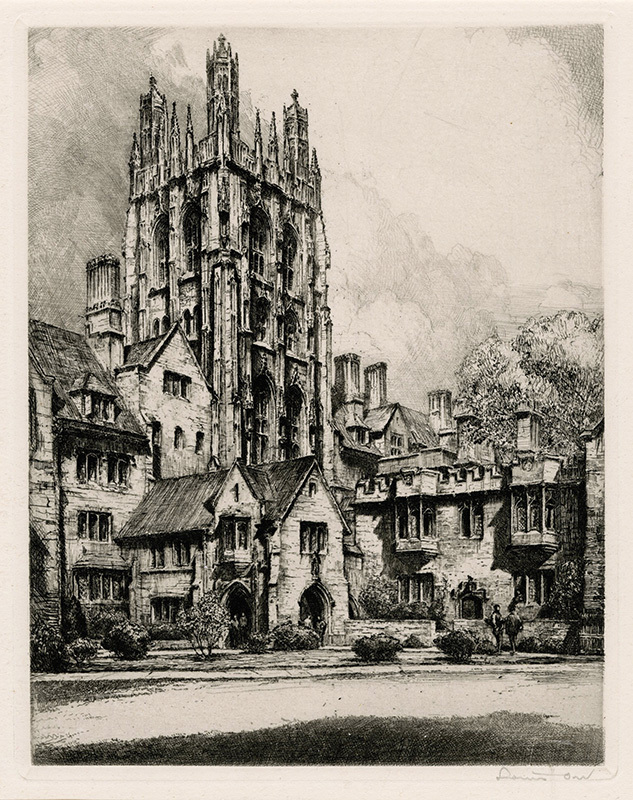 Yale University, Wrexham Tower, Memorial Quadrangle, New Haven, CT (from: Ten Etchings of Yale University) by Louis Orr