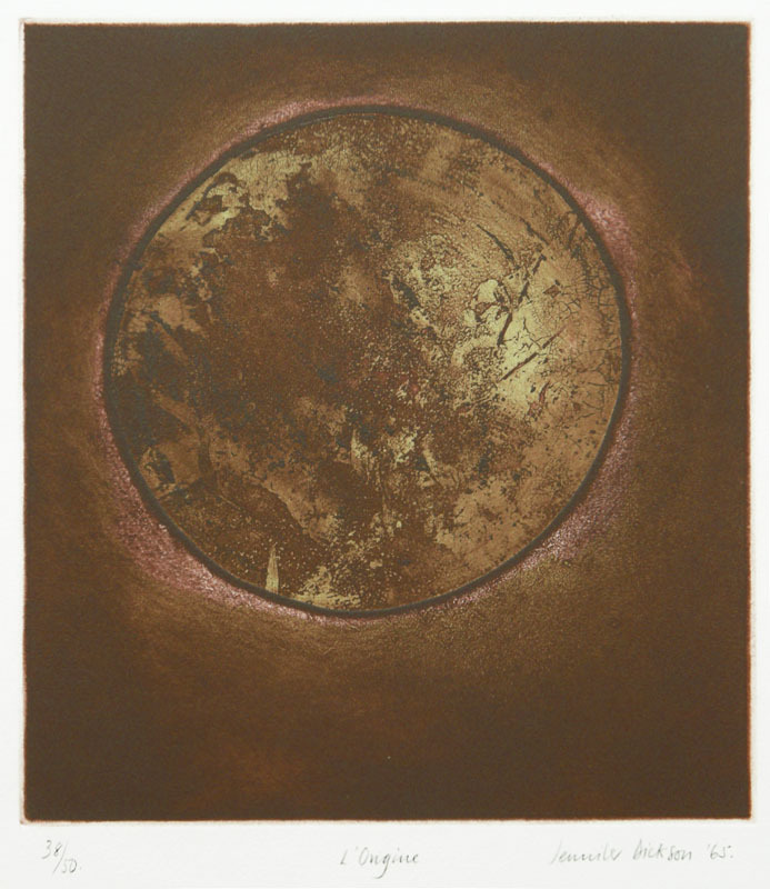 LOrigine (In the Beginning) plate 1 from La Genese a portfolio of 10 color etchings by Jennifer Dickson