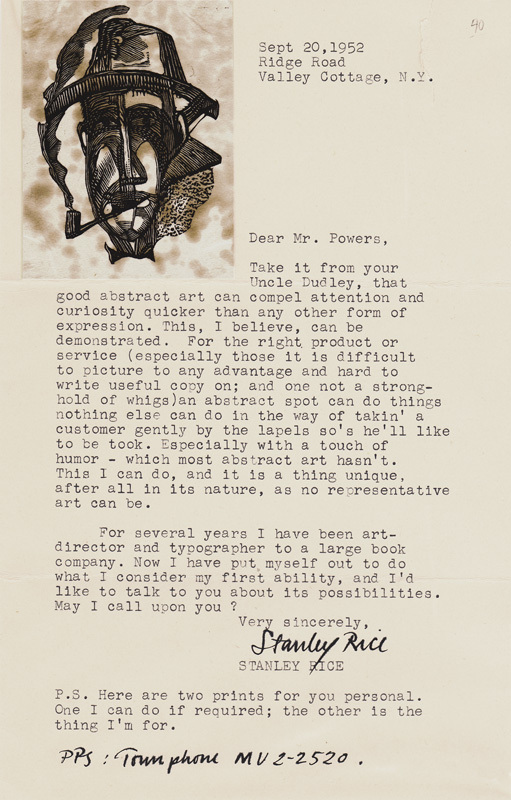 (Letter to Mr. Powers with woodengraved portrait of a man smoking a pipe ) by Stanley Rice
