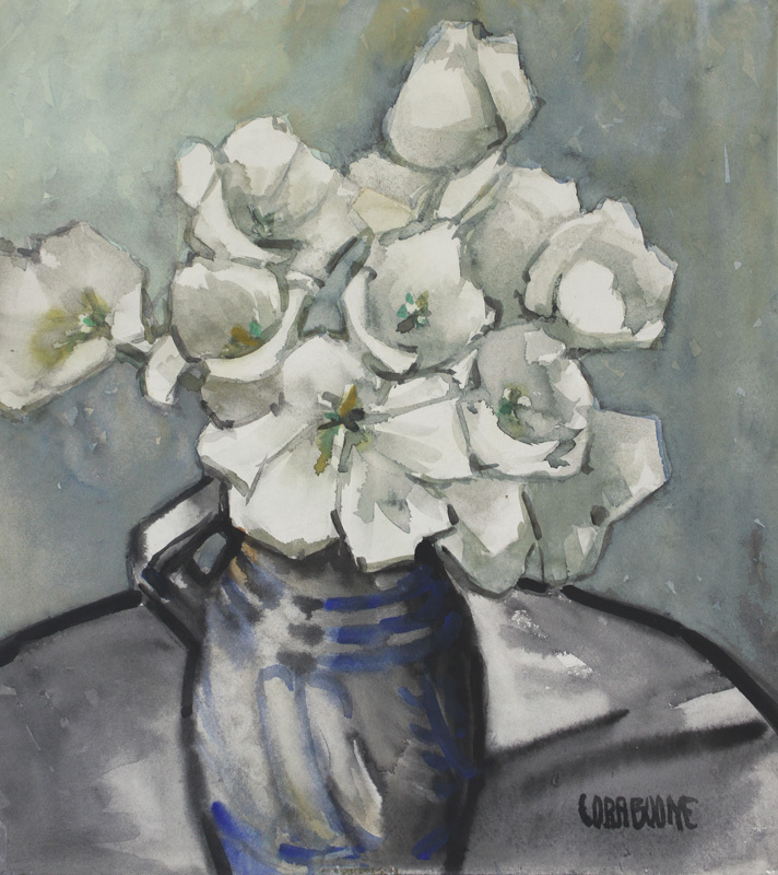 (Still life: white roses in blue vase) by Cora May Boone