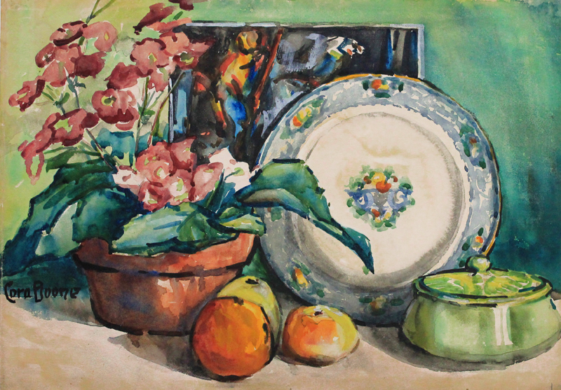 (Still life with orchids, oranges & china) by Cora Boone