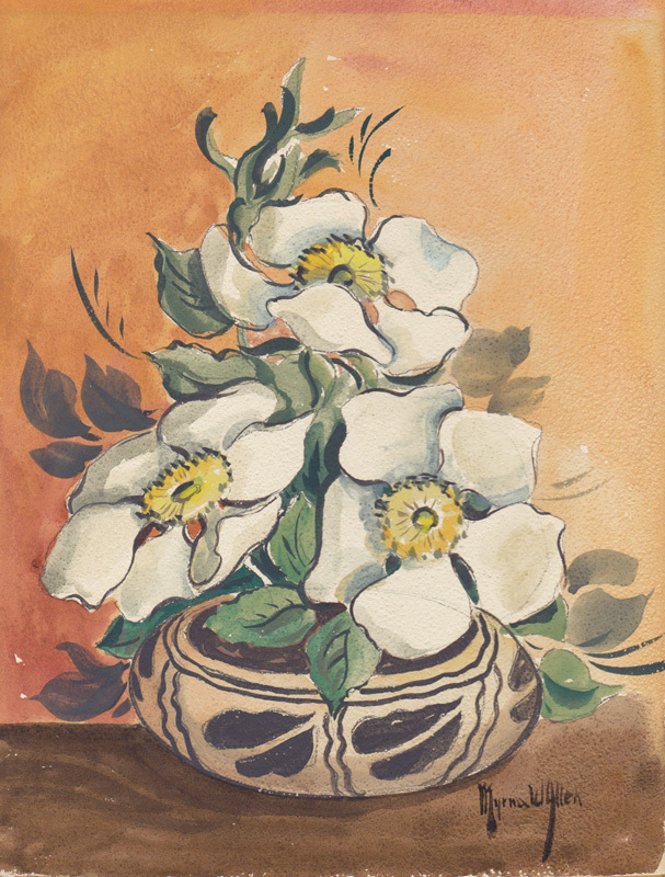 Untitled (flowers in painted clay pot) by Myrna W. Allen
