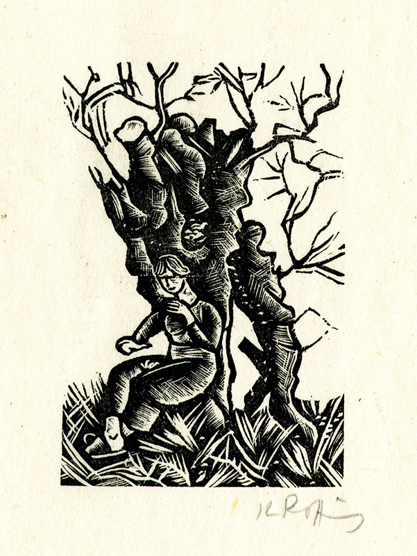 Untitled (man resting against old tree) by Karl Rössing