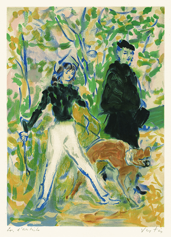 (Fashionable mother and daughter walking dog in a park) by Marcel Vertes