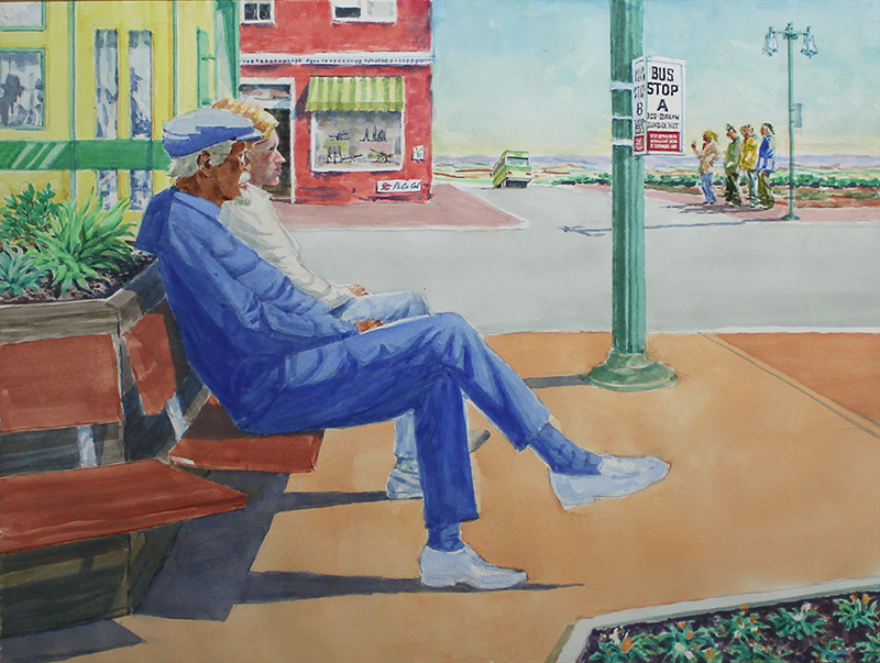 Waiting D (Man and woman sitting at bus stop) by John Burton Norall