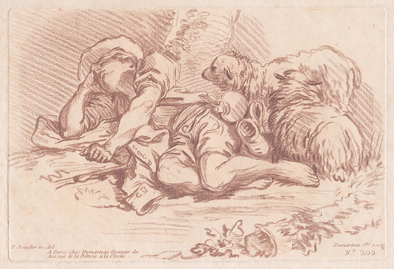 (Shepherd asleep at the foot of a tree, his head in his right hand, legs bent; right, two sheep) after Boucher by Gilles Demarteau