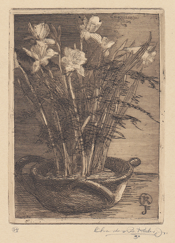 (Still life with pot of daffodils) by Charles B. Keeler
