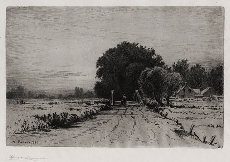 (Landscape with road, bridge, farm) by Henry Farrer