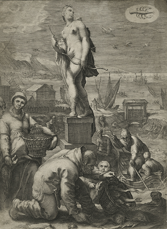 Diana, Presiding over Fishing and Navigation plate 7 from The Seven Planetary Gods (after Hendrick Goltzius) by Jan Pieterszoon Saenredam