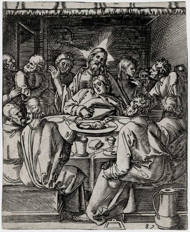 The Last Supper, (with Christ sitting in the center embracing John), after Durer by Marcantonio Raimondi