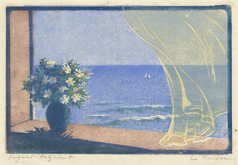 (Window onto a summer day with sea, sailboat) by Eva Roemer