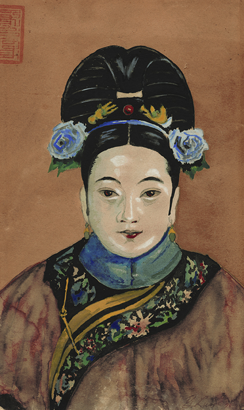(Chinese woman in floral headpiece) by Bertha Lum