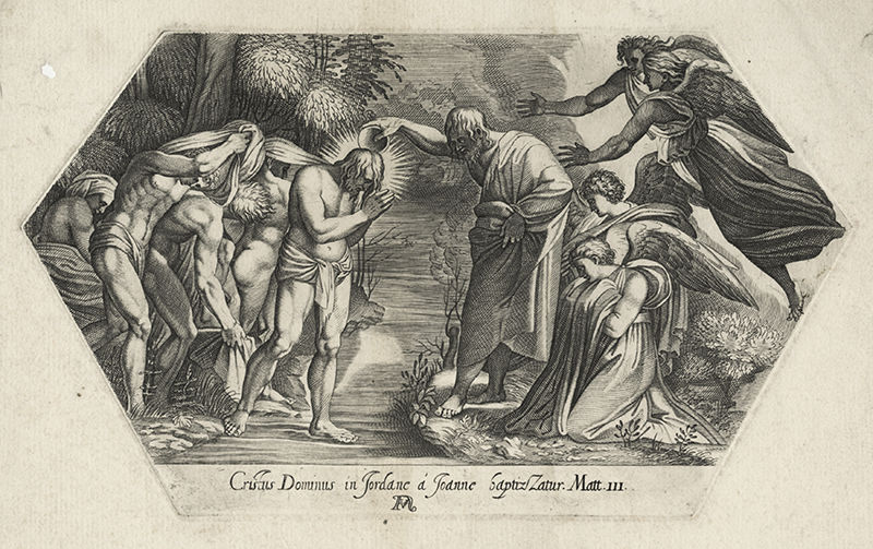 Cristus Dominus in Jordane a Joanne baptiz Zatur. Matt. III, from Adoration of the Shepherds series (after Raphael) by Francesco Villamena
