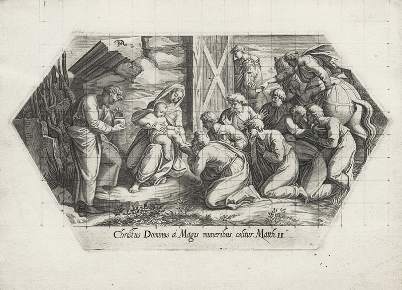 Cristus Dominus a Magus muneribus colitur. Matth. II (after Raphael) - preparatory proof by Francesco Villamena