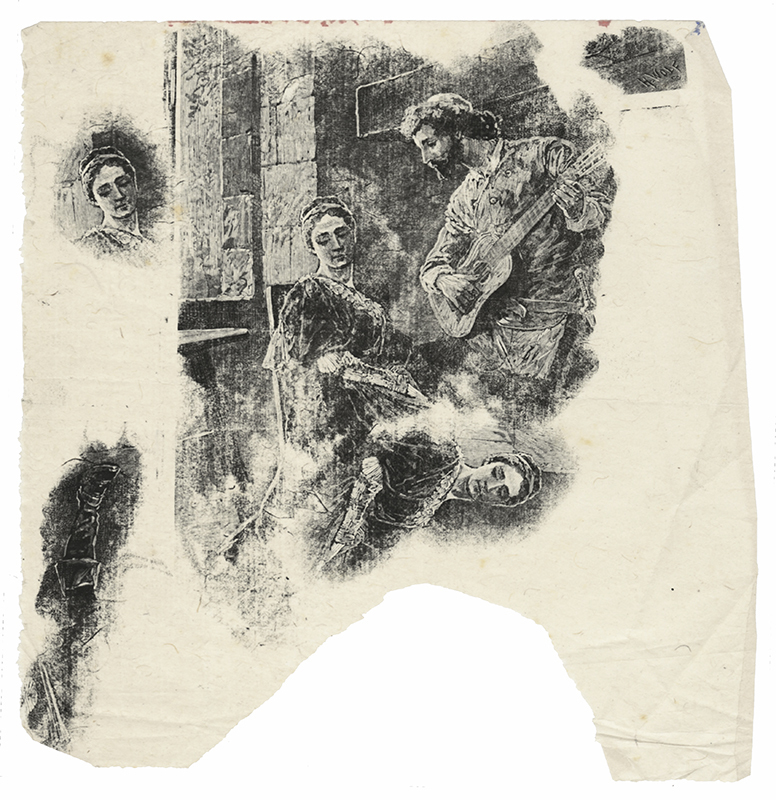 (Sheet of engraving proofs - troubador playing for a woman) by Henry Wolf