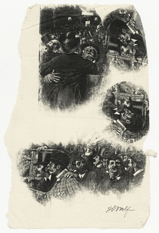 (Sheet of engraving proofs - gathering of men) by Henry Wolf
