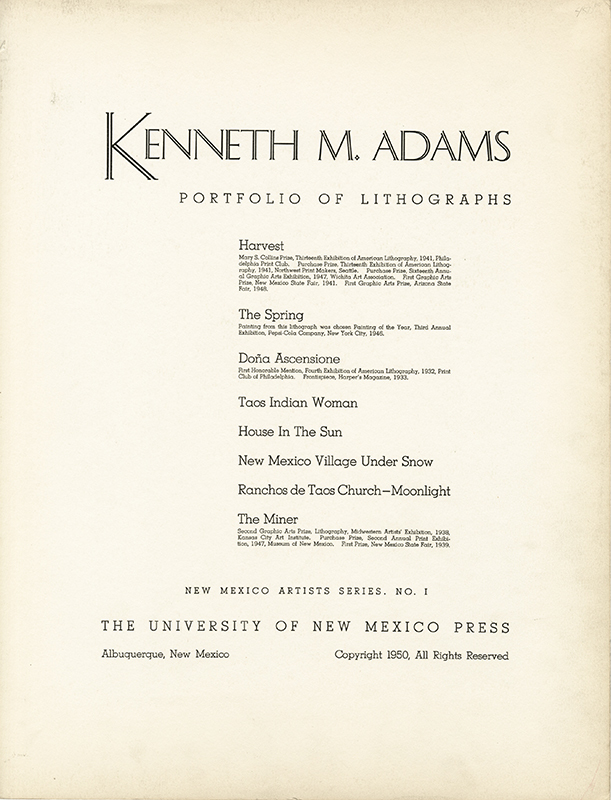 Kenneth M. Adams: Portfolio of Lithographs - New Mexico Artists Series No. 1 by Kenneth Miller Adams