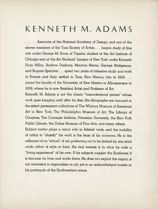 Kenneth M. Adams: Portfolio of Lithographs - New Mexico Artists Series No. 1 by Kenneth Miller Adams