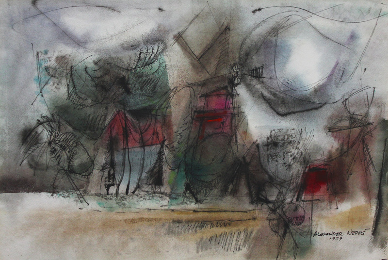 (Village with windmill) by Alexander Nepote