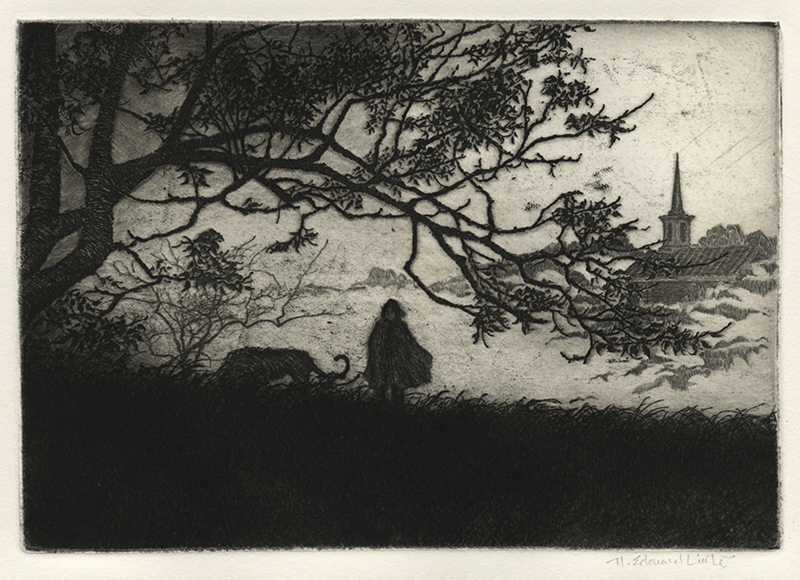 (Girl walking dog along a ridge) by Harold E. Little